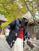 设计师款 欧洲站2025冬季 新款 小众复古牛角扣连帽鹅绒羽绒服外套