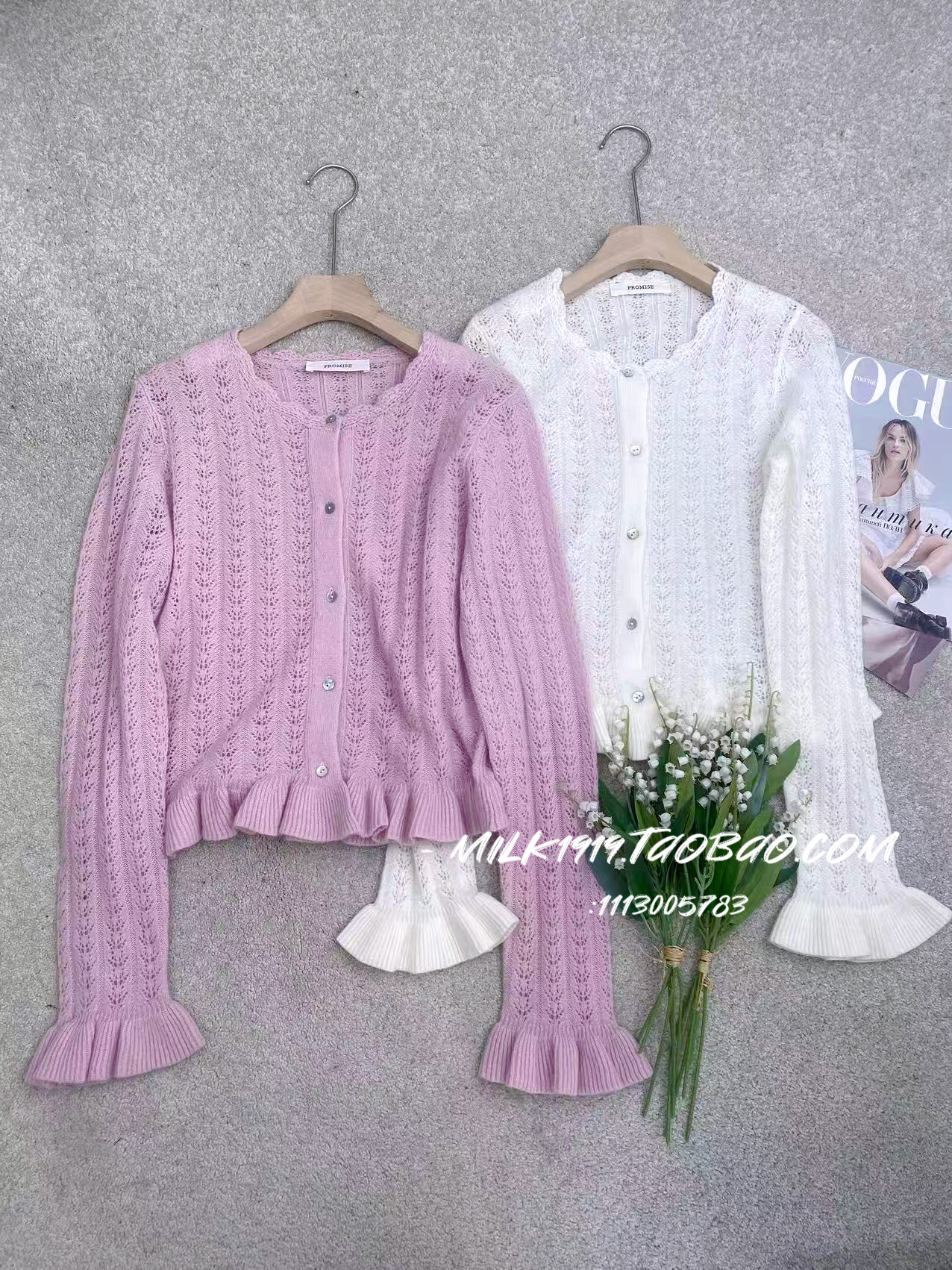 欧洲站小众设计师早春新款圆领套头镂空钩花针织衫荷叶边开衫女,女装/女士精品,毛针织衫,淘宝优惠券,粉丝福利购,淘宝优惠卷