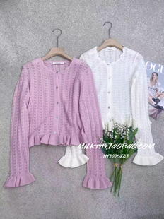 荷叶边开衫 女 圆领套头镂空钩花针织衫 欧洲站小众设计师早春新款