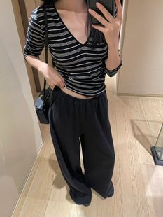 上衣 复古条纹V领T恤弹力百搭打底衫 欧洲站小众设计师秋冬新款 美式