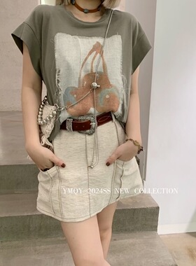 欧洲站南油小众设计师YMQY夏季新品艺术毛边复古樱桃印花做旧短袖