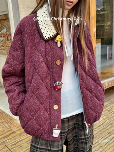 欧洲站小众设计师冬季 蕾丝领格纹翻领羽绒服卡通立体纽扣外套 新款