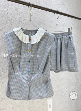 欧洲站夏季新品HE＋正品百搭娃娃领格子衬衫收腰彩扣衬衫＋短裤女