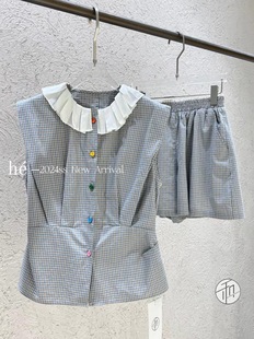 新品 ＋短裤 HE＋正品 收腰彩扣衬衫 女 百搭娃娃领格子衬衫 欧洲站夏季