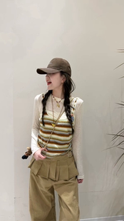 欧洲站2026春夏新款 小众花朵撞色条纹背心两件套上衣女 设计师款