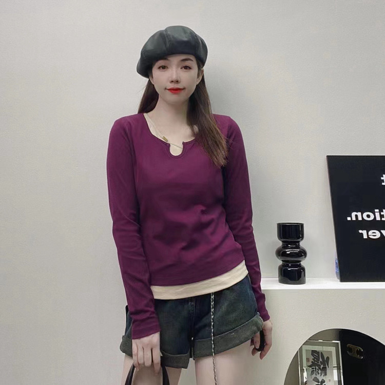 芭尚卡2024春季新款 欧货拼接假两件长袖T恤衫设计感修身百搭上衣