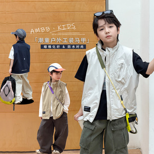 秒杀！户外风中大童春款帅气工装贴标马甲潮童山系防水叠穿外套