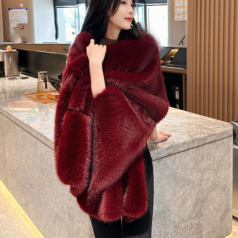 安哥拉红仿狐狸毛皮草大披肩保暖宽松斗篷长款户外旅游上衣民族风