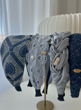 韩国进口秋冬新款发箍蓝色刺绣镂空发箍豆家同款气质头箍百搭舒适