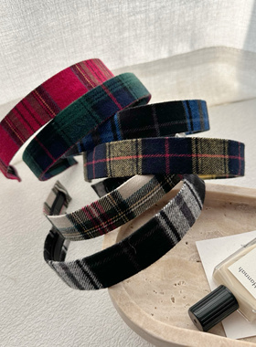 韩国进口法式复古英伦绿色格子发箍ins博主新年红色宽边头箍发饰