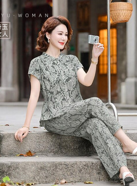奇玉女人春季中式印花短袖两件套