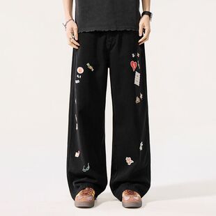 2026年春季新款黑色阔腿牛仔裤男宽松直筒印花长裤松弛感休闲裤