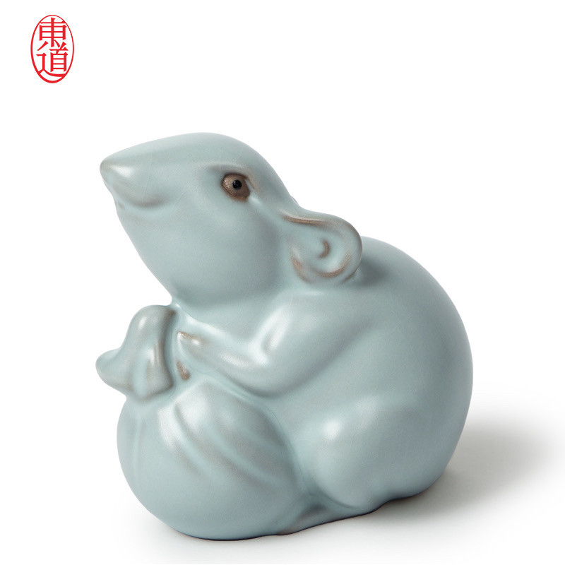 专柜正品 东道汝窑 鼠来宝茶宠 生肖鼠年茶宠 开片汝窑鼠茶宠摆件