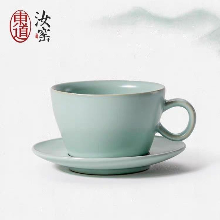 东道汝窑如意茶咖杯陶瓷泡茶杯家用办公室咖啡杯高档礼盒装天青色
