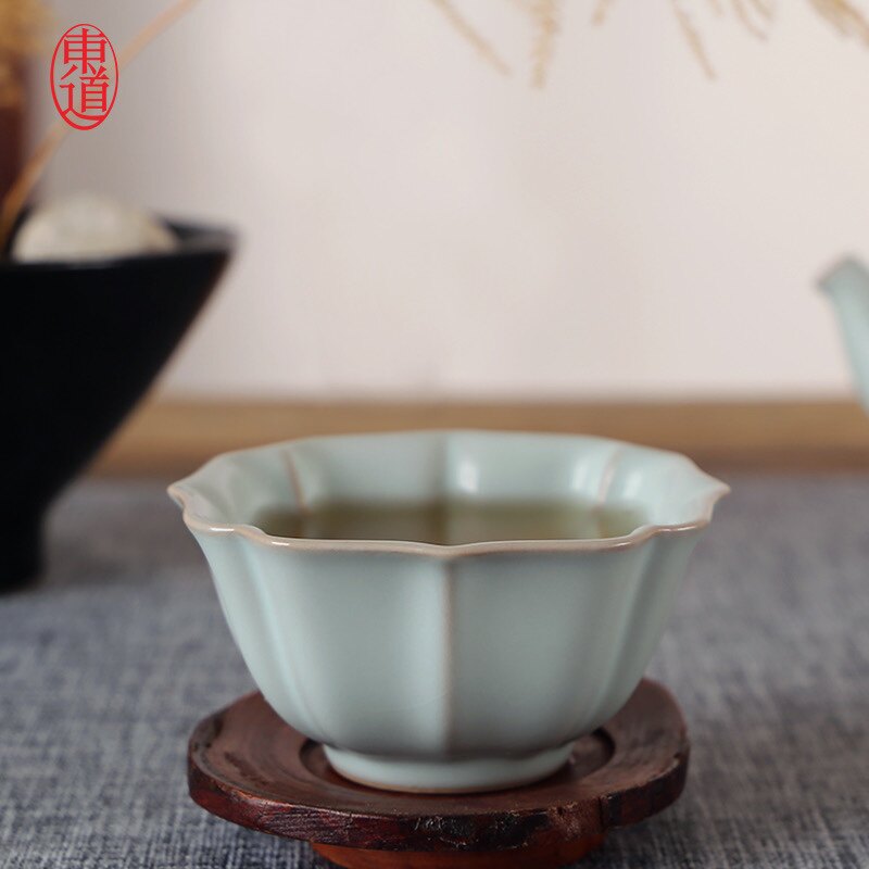 东道汝窑功夫茶杯可养泡茶杯茶具冰裂主人杯陶瓷茶杯聚宝杯天青