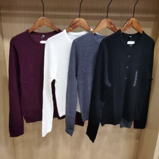 M478336女装精纺美利奴羊毛罗纹圆领针织开衫毛衣长袖空调衫外套