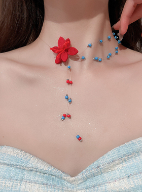 Partyme手工夏日多巴胺花朵流苏项链小众多层叠戴蓝红串珠锁骨链