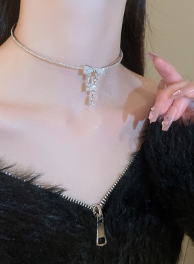 Partyme手工人造锆石蝴蝶结镶钻流苏项圈气质颈链小众时尚项链女