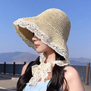 蕾丝花边遮阳草帽女夏季 法式 大帽檐飘带渔夫帽海边可折叠太阳帽子