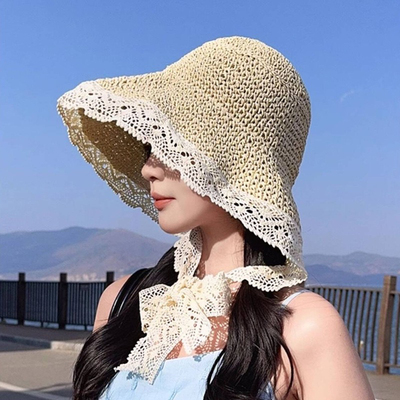 法式蕾丝花边遮阳草帽女夏季大帽檐飘带渔夫帽海边可折叠太阳帽子