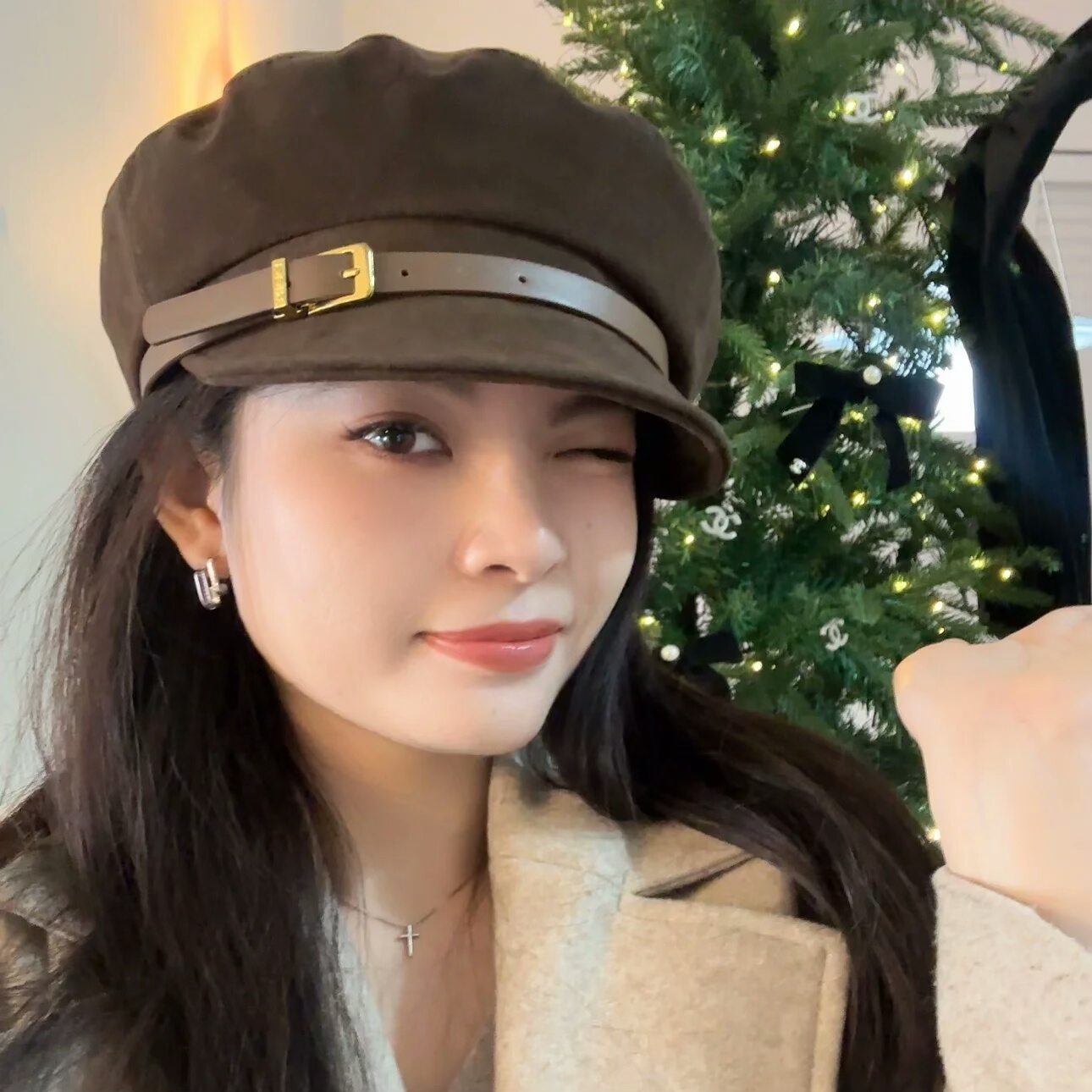 partyme手工皮带平顶帽女复古英伦风麂皮绒报童帽鸭舌八角贝雷帽