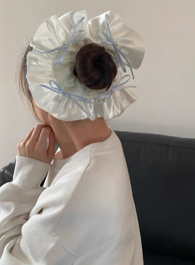 蝴蝶结珍珠蓝色丝带缎面大肠发圈女高级感韩系发饰超大号头绳