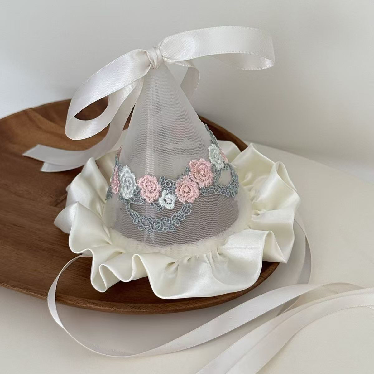 partyme手工白色镂空花朵刺绣生日帽头饰发夹蝴蝶结帽子发卡头饰