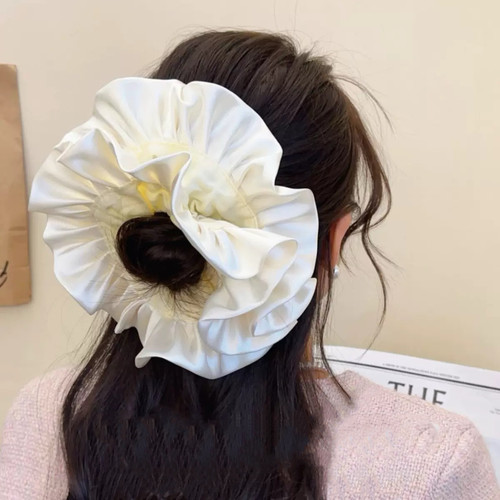 芭蕾风褶皱花边双层缎面大肠发圈丸子头发绳女扎头发皮筋头绳大号
