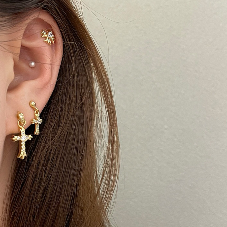 轻奢满钻十字架耳钉套装女新款百搭气质耳环韩国小众耳饰网红精致