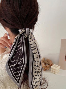 韩国东大门几何细长条窄丝巾复古法式绑包丝带心机印花发带头饰女