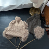 Partyme手工护耳复古麻花针织帽子女秋冬保暖毛线帽包头帽假两件