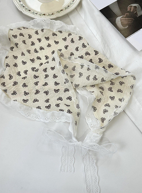 网红甜美碎花蕾丝包头头巾女拍照氛围感发带围巾丝巾春夏三角巾