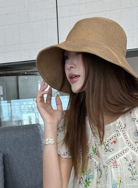 partyme手工横条纹女出游度假大帽檐防晒沙滩帽夏海边素颜遮阳帽