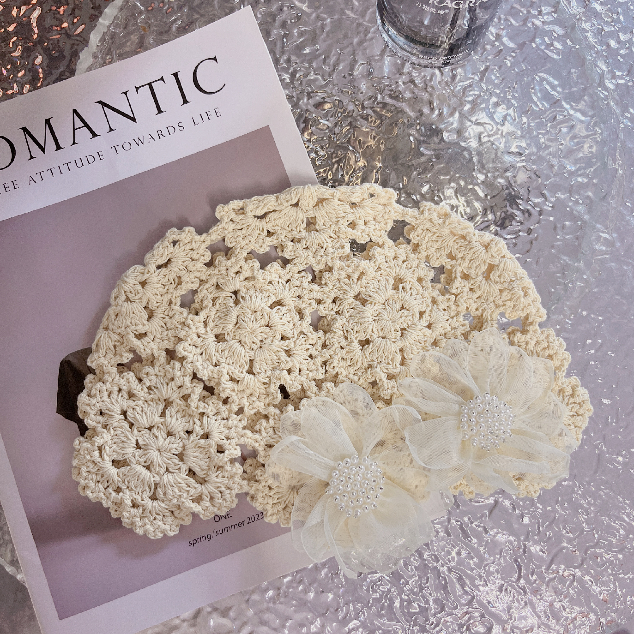 春夏新款甜美花朵镂空包头帽女手工编织钩花头巾帽复古针织瓜皮帽