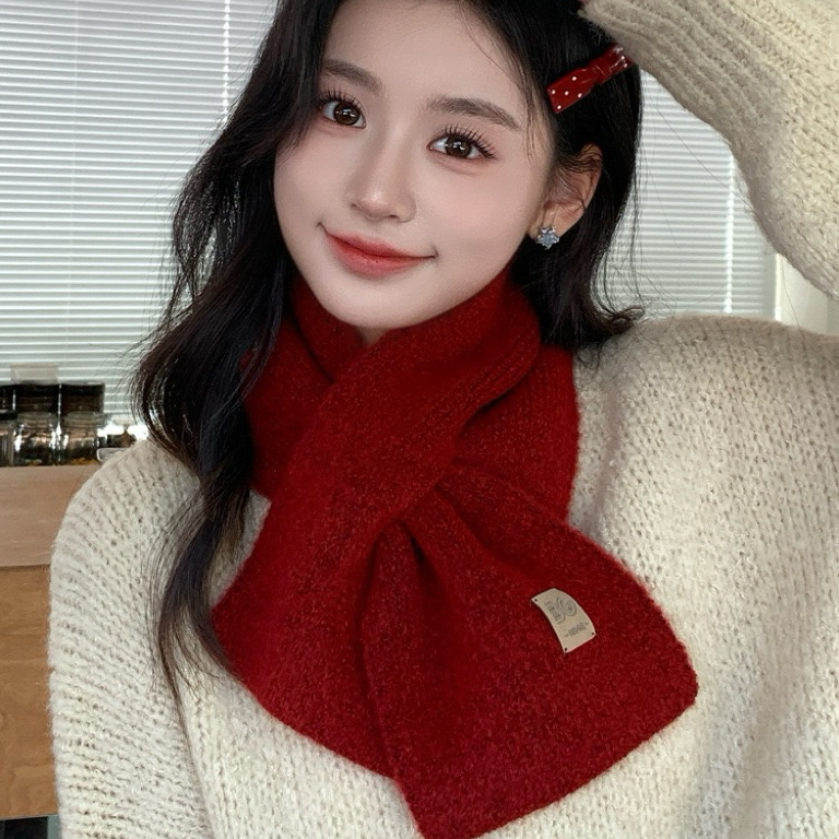 网红针织毛线纯色围巾女秋冬季交叉小围脖学生百搭保暖显白简约