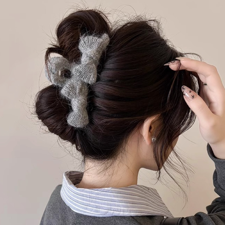手工气质蝴蝶结大号抓夹女网红后脑勺盘发夹针织毛线鲨鱼夹头饰