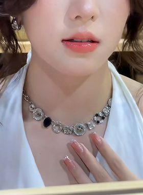 partyme手工金属纽扣项链中古小众设计重工y2k锁骨链颈链甜酷水钻