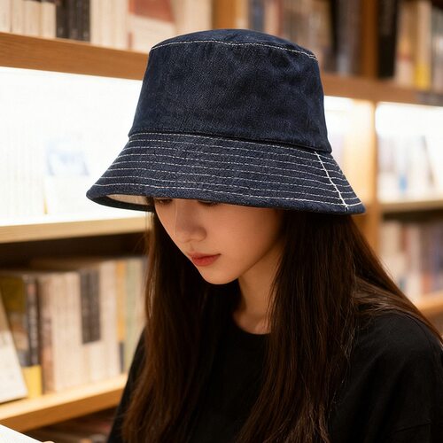双面可戴渔夫帽复古牛仔水桶帽户外防晒帽女高品质韩版时尚帽子夏