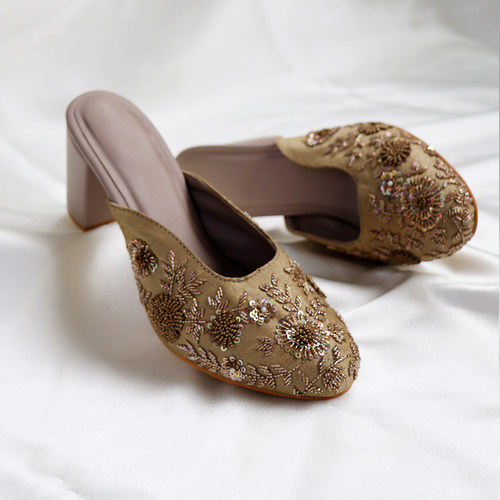 印度手工刺绣柔软皮质高跟穆勒鞋包头拖鞋古铜色高级风CORALHAZE