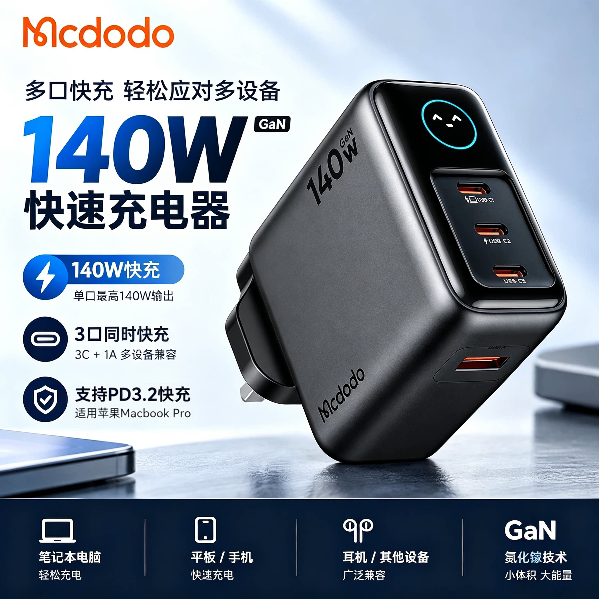 Mcdodo英制140W屏显充电器PD快充于适用苹果17ProMax手机MacbookPro笔记本适配器iPad三星SFC3.0快叉港版火牛