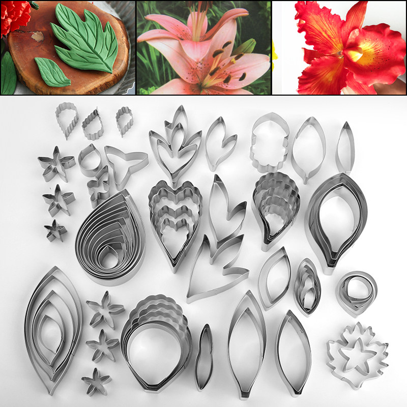 新品15款不锈钢翻糖花模具英式仿真叶切模玫瑰花牡丹花百合花树叶