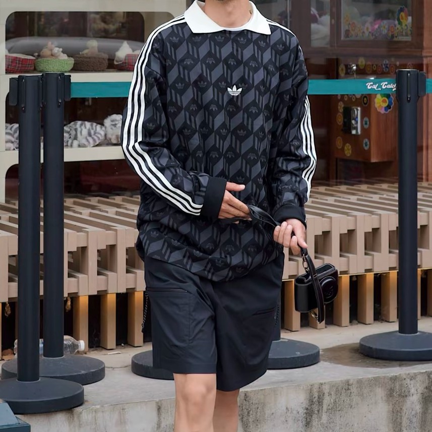 Adidas阿迪达斯三叶草经典三条纹复古时尚套头卫衣POLO外套JD5196