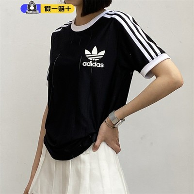Adidas阿迪达斯三叶草T恤女圆领运动条纹休闲百搭速干短袖IX5505