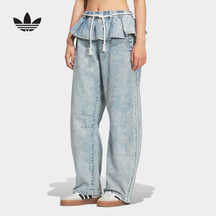 adidas阿迪达斯三叶草荷叶边牛仔运动裤2026夏女休闲长裤 KT3051
