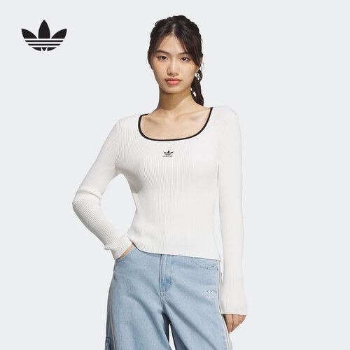 正品Adidas阿迪达斯女2025秋季新款紧身方领长袖针织衫JM8055