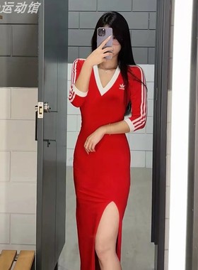 阿迪达斯三叶草连衣裙女秋季款V领侧开叉修身休闲长裙正品 II0750