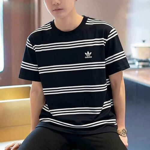 Adidas三叶草短袖男夏季新款宽松条纹半袖棉质复古美式T恤IL4703