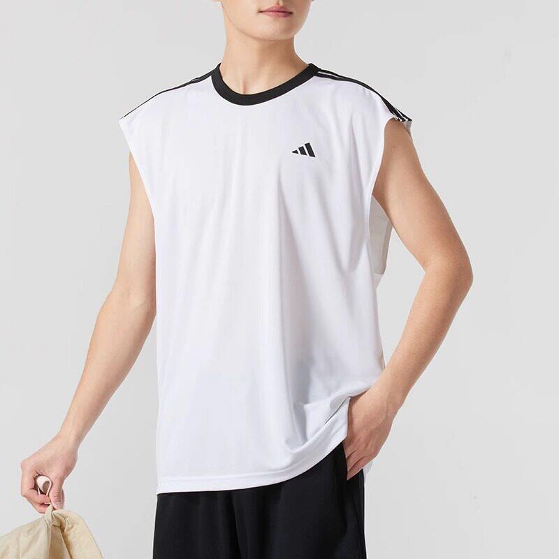 阿迪达斯 adidas白色篮球背心男装运动服三叶草健身跑步T恤JE9290