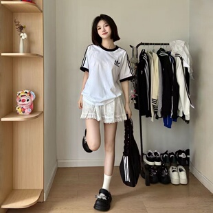 正品adidas三叶草男女情侣短袖三条杠纯棉透气百搭半袖T恤KB2460