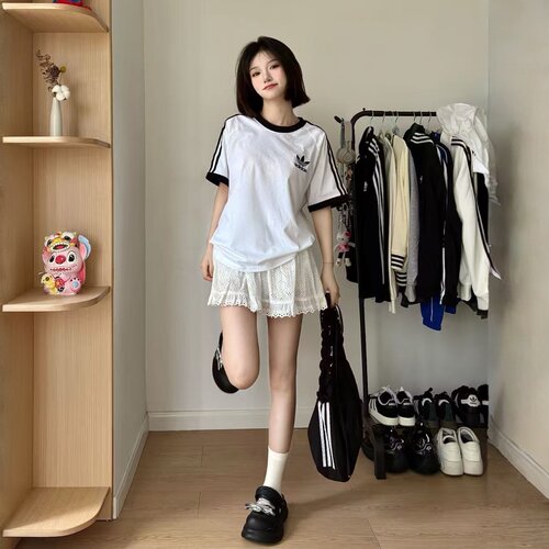 正品adidas三叶草男女情侣短袖三条杠纯棉透气百搭半袖T恤KB2460
